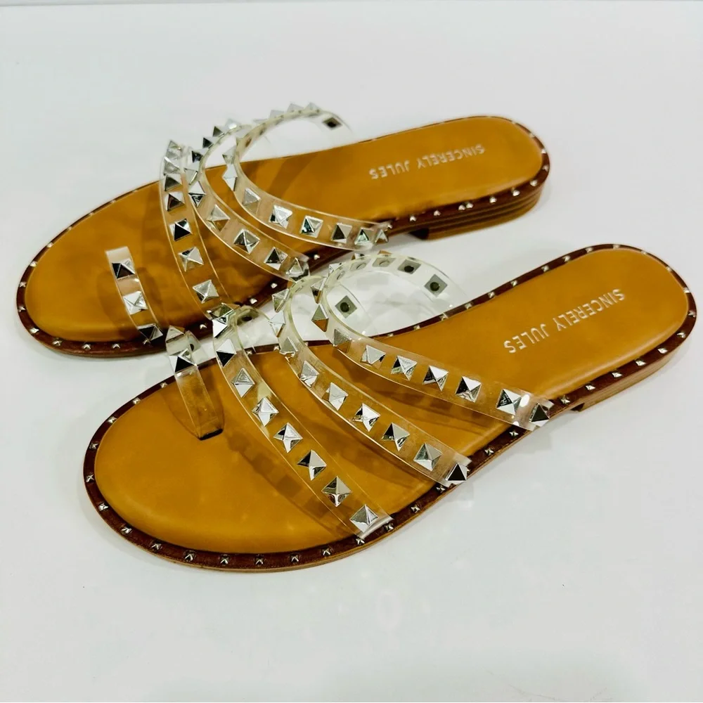 🩷 SINCERELY JULES LIKE NEW SIZE 7.5 STRAPPY SANDALS WITH METAL EMBELLISHMENTS - Picture 3 of 7